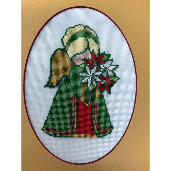 Framed Complete Floss Peti Point Stitch Praying Angel Poinsettias Vintage XMas - Picture 5 of 13